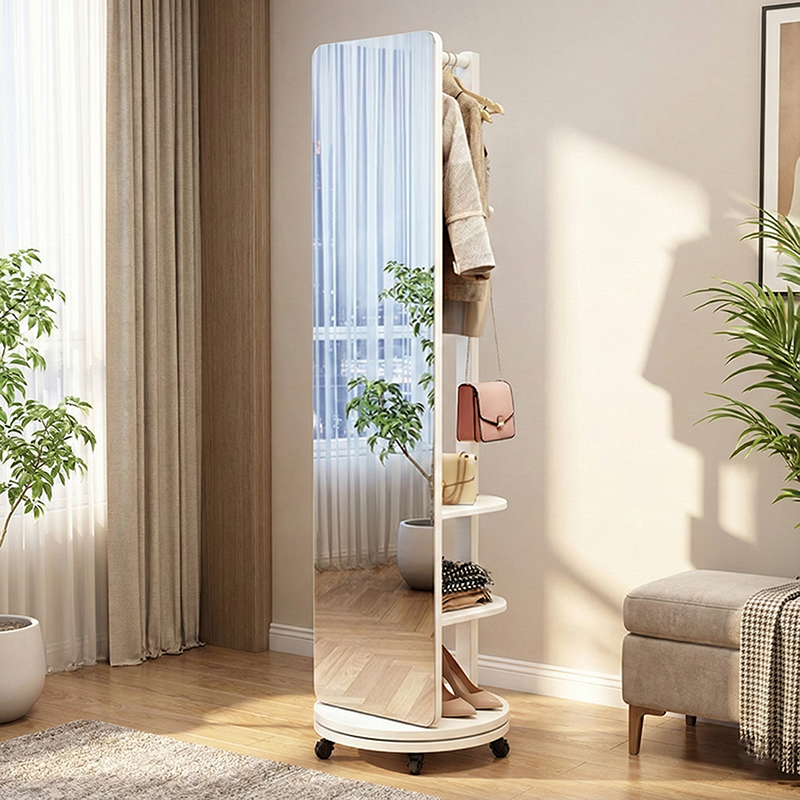 Modern Minimalist Rectangular Solid Wood Rotatable Movable Hall Tree With Mirror &amp; 3-Tier Storage For Bedroom &amp; Entryways