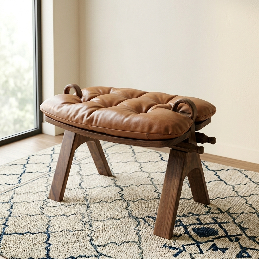 Contemporary Retro Top Grain Leather Curved Rectangular Low Stool With Solid Wood Base For Bedroom &amp; Living Room