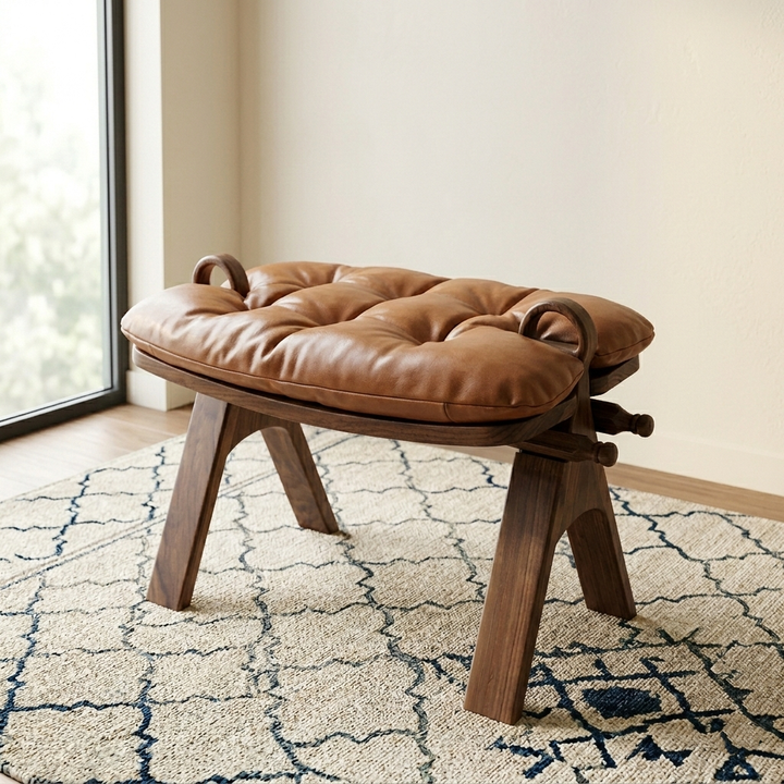 Contemporary Retro Top Grain Leather Curved Rectangular Low Stool With Solid Wood Base For Bedroom &amp; Living Room