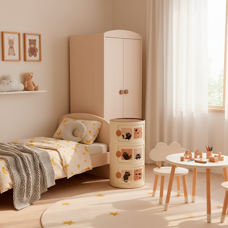 Mesa de noche cilíndrica creativa contemporánea de ABS con 2/3 cajones para dormitorio 