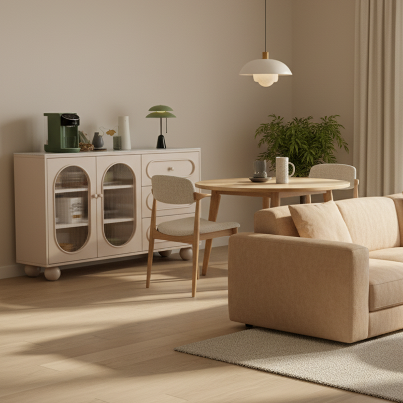 Contemporary Scandinavian Rectangular Medium-Density Fiberboard Particleboard Sintered Stone Fluted Glass Sideboard 1-Cabinet 3-Drawer For Living Room