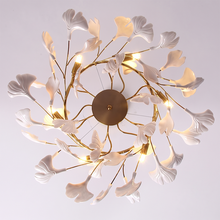 Dôme de feuille de ginkgo français traditionnel, dessus rectangulaire, rond, linéaire, fer, céramique, lustre à 6/8/10/12 lumières pour chambre 