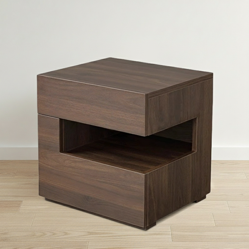 Mesita de noche de madera maciza rectangular minimalista moderna de fresno con 2 cajones y 2 niveles para dormitorio 