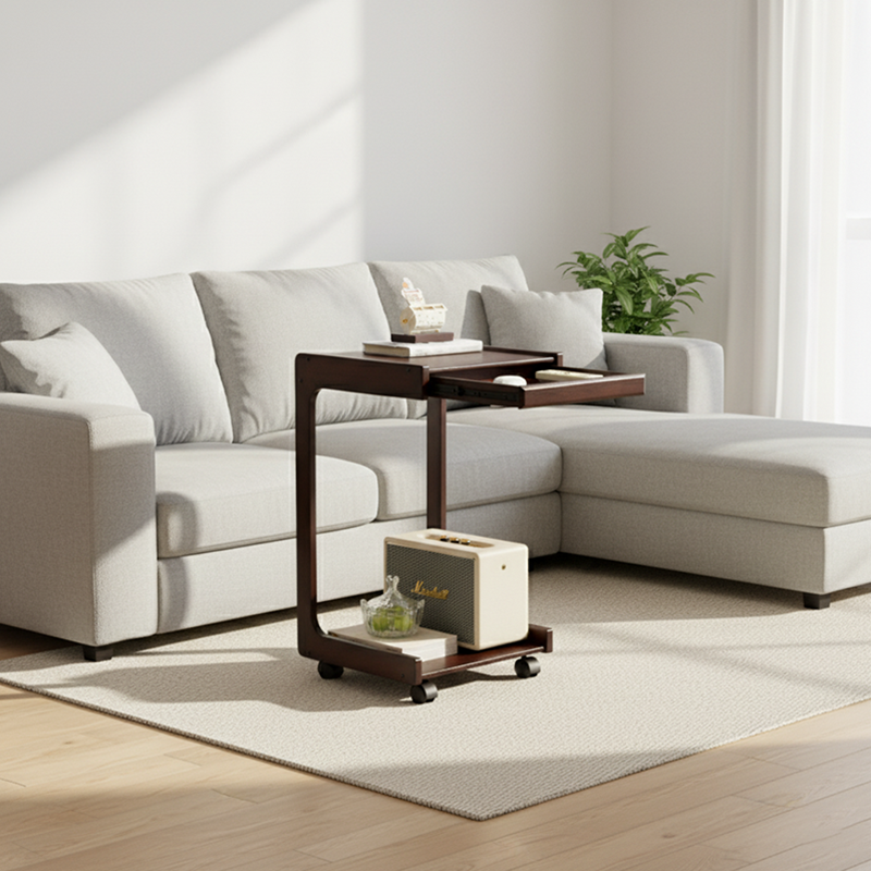Modern Minimalist Rectangular Bamboo End Table 2-Tier 1-Drawer For Living Room
