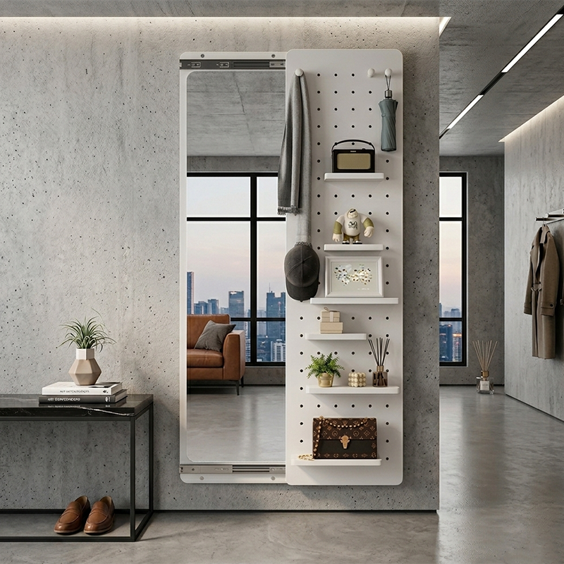Modern Minimalist Solid Wood Metal Glass Rounded Rectangle Wall Mirror With Sliding Pegboard Storage &amp; Hooks For Entryway