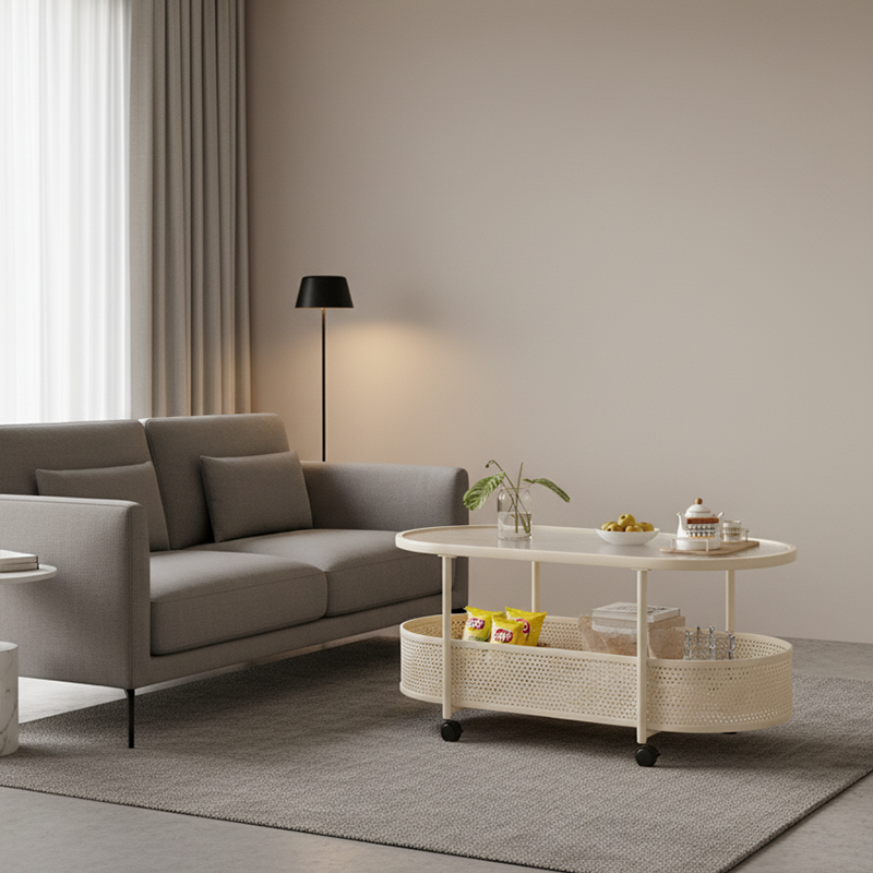 Modern Minimalist Rectangular Iron Plastic Tempered Glass Movable Coffee Table 2-Tier For Living Room
