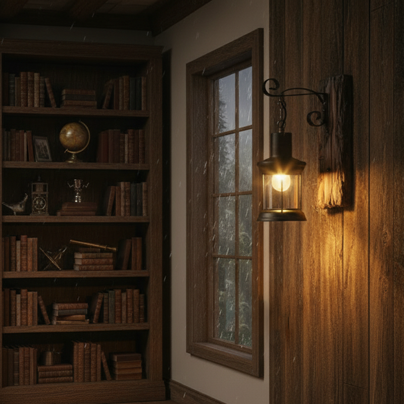 Glass Iron Wooden Base 1-Light Cylinder Sconce Lamp