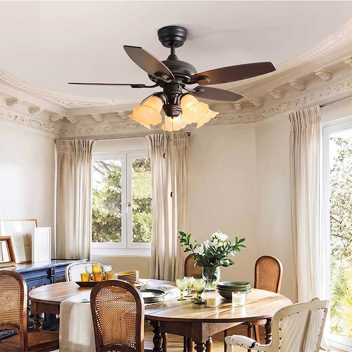 Ventilador de techo con luz de varillas hacia abajo de 3/5 - Pantalla de vidrio con flor de abanico de hierro tradicional francés para sala de estar 