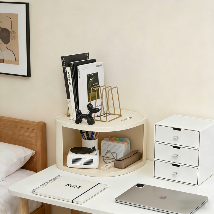 Modern Minimalist Plastic Rounded Square Corner Shelf Unit With 2-Tier For Entryway &amp; Living Room &amp; Bathroom