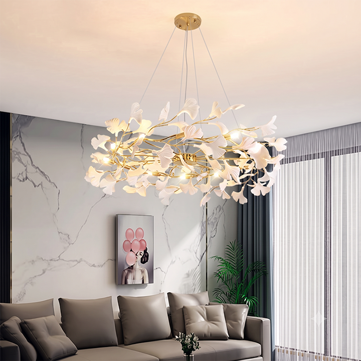 Dôme de feuille de ginkgo français traditionnel, dessus rectangulaire, rond, linéaire, fer, céramique, lustre à 6/8/10/12 lumières pour chambre 