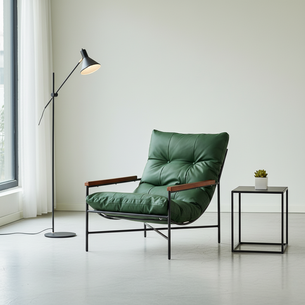 Moderner Mid-Century Rechteckiger PU-Leder-Karbonstahl-Gummibaum-Massivholz-PP-Baumwolle-Rücklehne für Wohnzimmer 