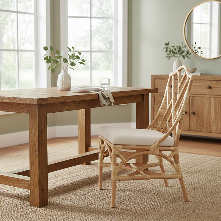 Silla de comedor contemporánea escandinava tejida a mano de ratán natural con cojín impermeable - Silla de respaldo para uso en interiores y exteriores 