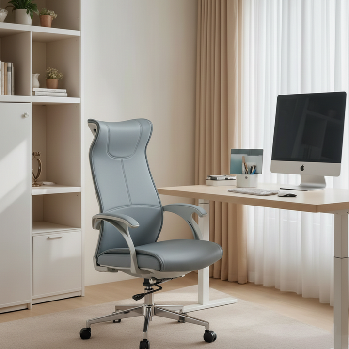 Modern Ergonomic High Back Leather Plywood & Metal Office Chair Executive Swivel Desk Chair With Headrest Lumbar Support Adjustable Rolling Computer Chair