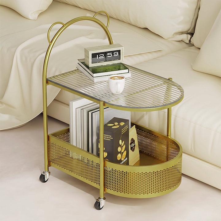 Modern Creative Oval Glass Iron Side Table 1-Storage For Living Room