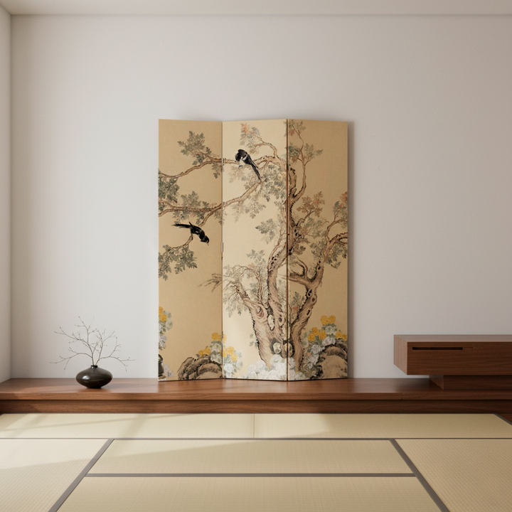 Traditional French Rectangular Fir Wood Solid Wood Plywood Cotton Canvas Floral And Bird Motif Room Divider For Living Room