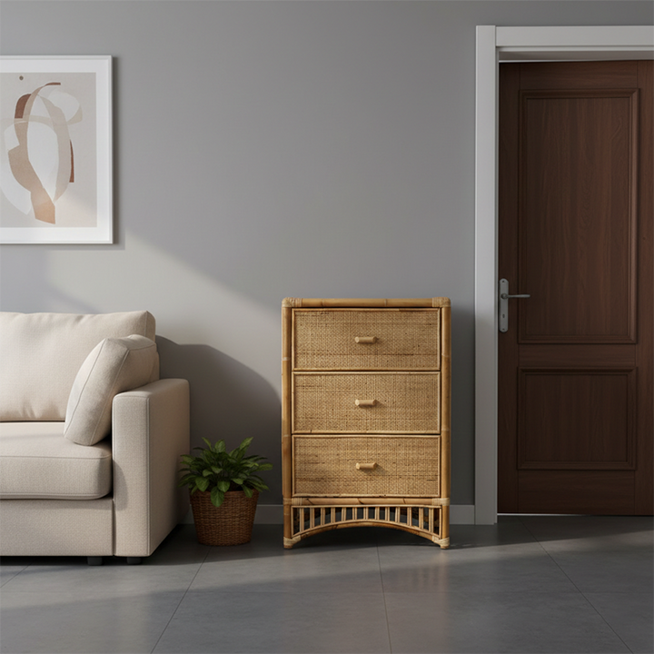 Meuble de rangement contemporain bohème en rotin naturel et bois - meuble de rangement rectangulaire à 3 tiroirs en rotin indonésien tissé à la main pour salon 