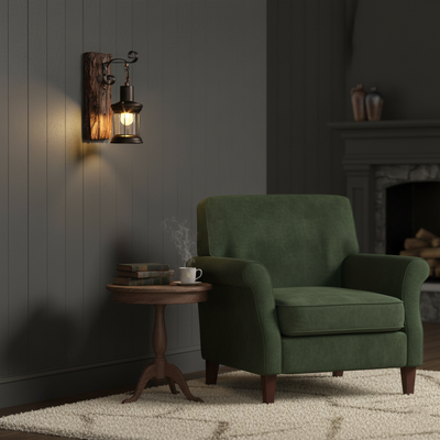 Glass Iron Wooden Base 1-Light Cylinder Sconce Lamp