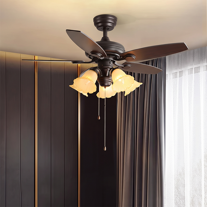 Ventilador de techo con luz de varillas hacia abajo de 3/5 - Pantalla de vidrio con flor de abanico de hierro tradicional francés para sala de estar 