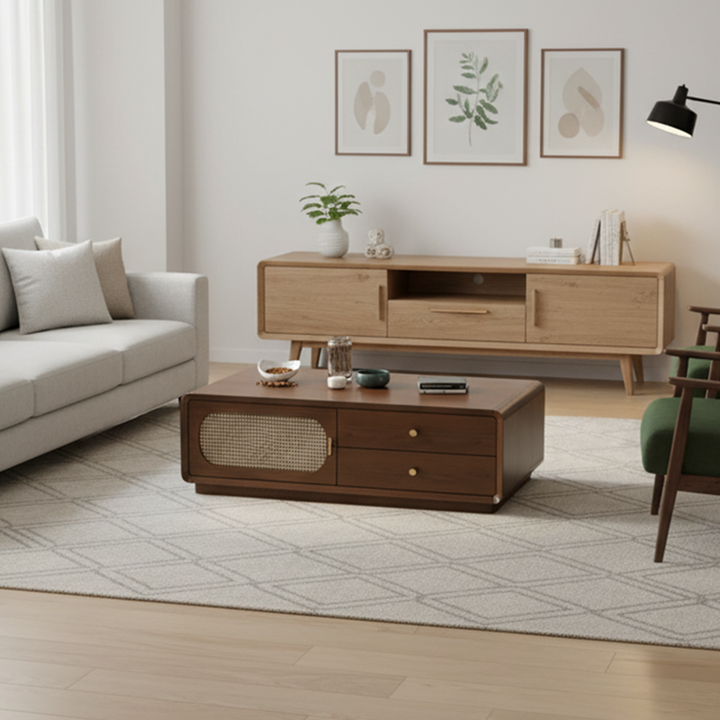 Modern Mid-Century Rectangular Rounded Corners Particle Board Plastic Rattan Weaving Coffee Table 2-Drawer For Living Room