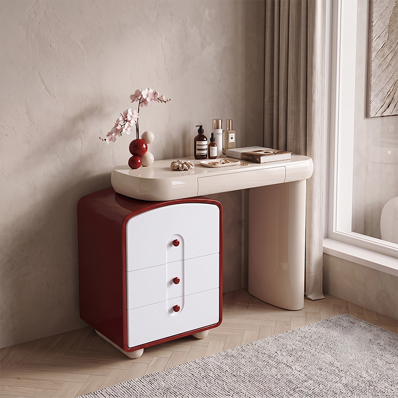 Contemporary Curved Storage Cabinet With Extendable Tabletop Makeup Vanity - Nordic Space-Saving Dressing Station With 4 Drawers For Bedroom