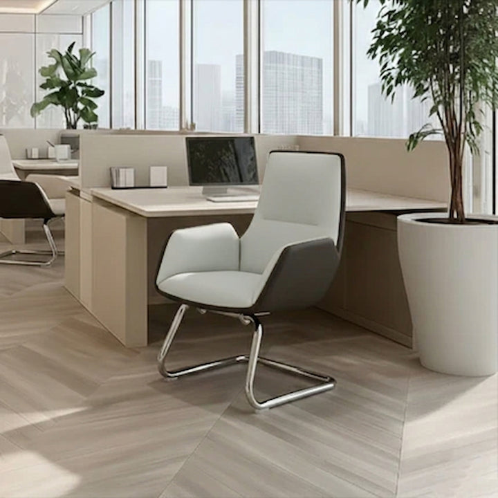 Modern Minimalist Ergonomic Mid Back Leather Plywood & Metal Office Chair - Upholstered Desk Chair With Armrests Comfortable Reception Chair For Home Office
