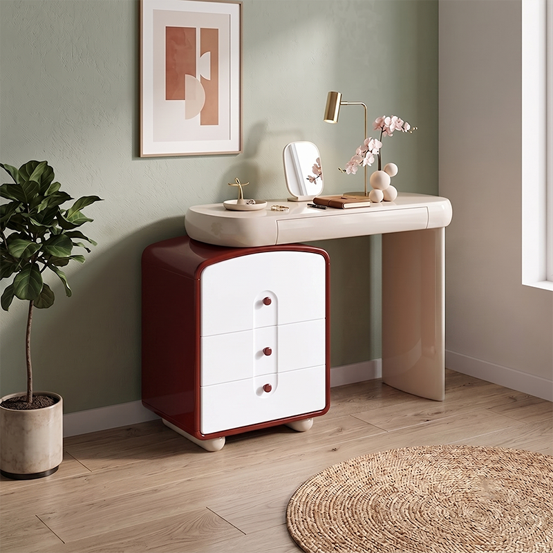 Contemporary Curved Storage Cabinet With Extendable Tabletop Makeup Vanity - Nordic Space-Saving Dressing Station With 4 Drawers For Bedroom