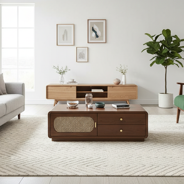 Modern Mid-Century Rectangular Rounded Corners Particle Board Plastic Rattan Weaving Coffee Table 2-Drawer For Living Room
