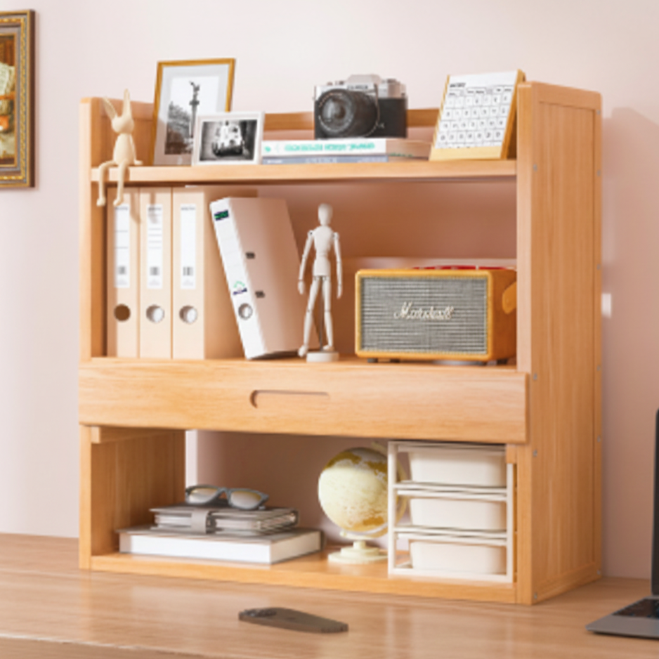 Contemporary Scandinavian Rectangular Nan Bamboo Medium-Density Fiberboard Storage Bookshelf 2/3-Tier 1-Drawer For Bedroom &amp; Study