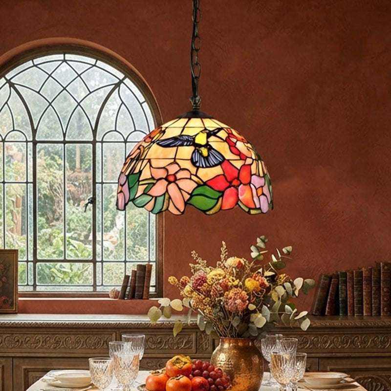 Traditional Tiffany Dome Flower Stained Glass Shade Iron 1-Light Pendant Light For Living Room