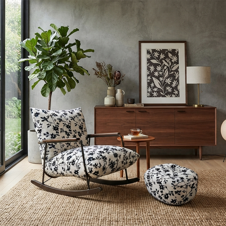Zeitgenössischer Retro-Sessel aus Eisen, Kautschukholz und Flanellimitat mit Tintenmalerei-Design, Fußstütze, Rückenlehne und Armlehnen fürs Wohnzimmer 