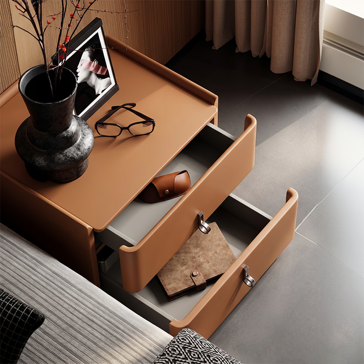 Table de chevet carrée arrondie à 2 tiroirs en panneaux de fibres à densité moyenne et en cuir microfibre de style français traditionnel pour chambre à coucher 