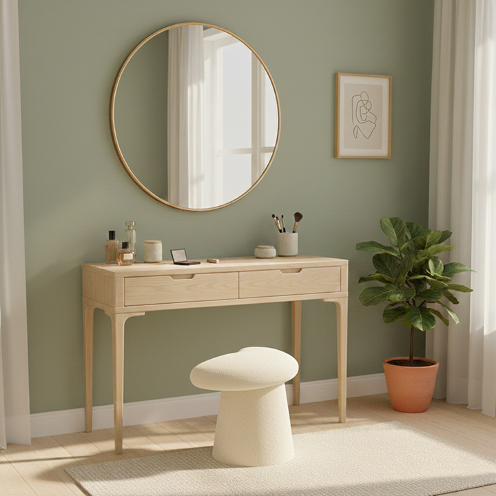 Modern Minimalist Solid Wood Plywood &amp; Sherpa Fabric Whale-Tail Cushion Vanity Stool With Cylindrical Base For Bedroom