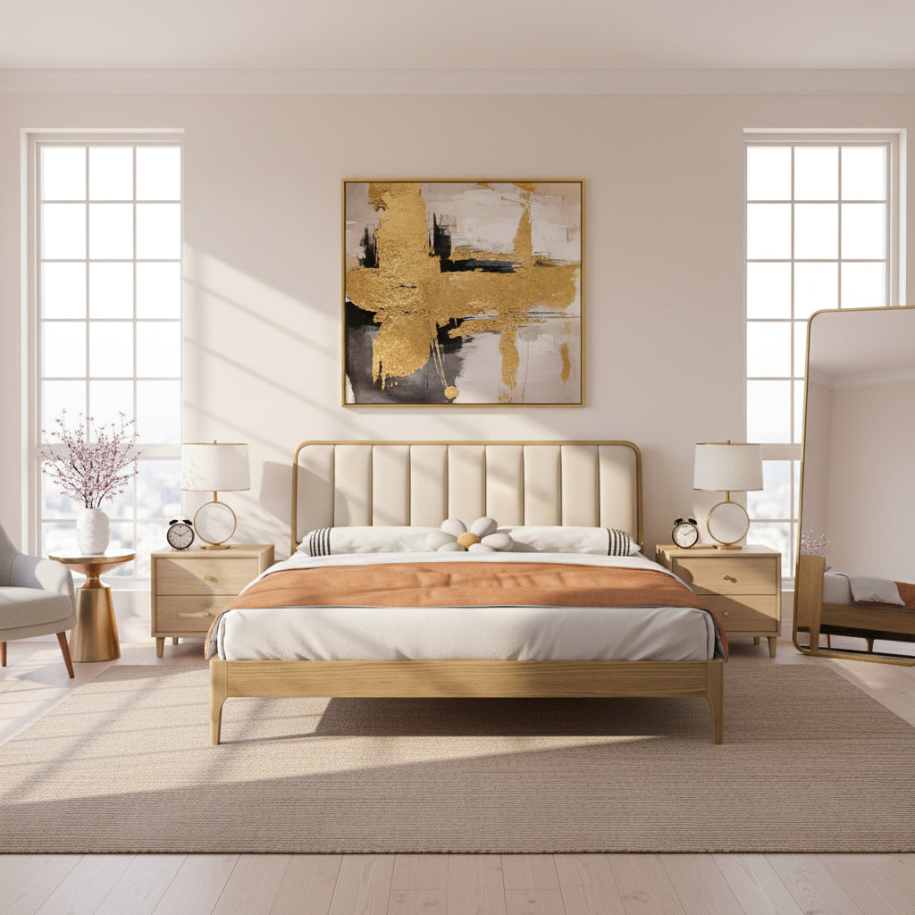 Cadre de lit encastré au style romantique français - Lit en cuir véritable capitonné et bois de frêne pour la chambre 