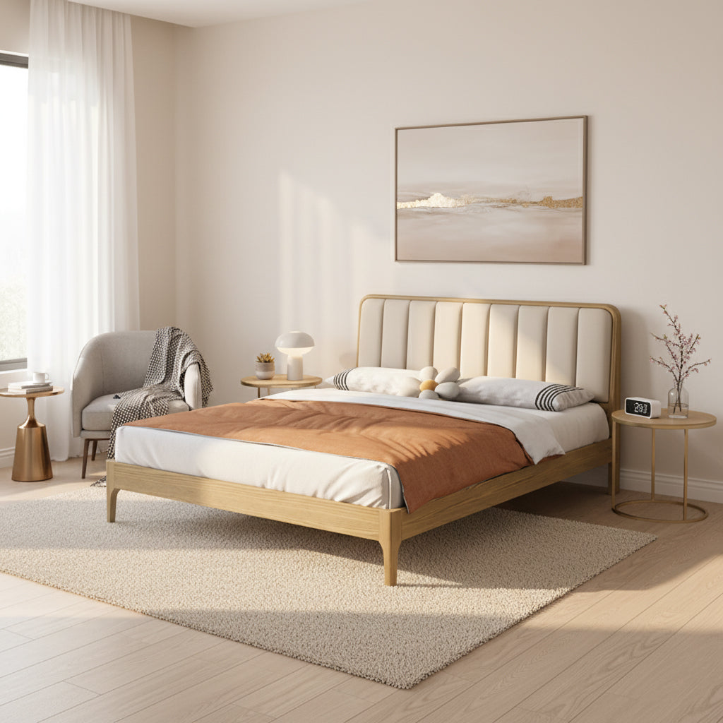 Cadre de lit encastré au style romantique français - Lit en cuir véritable capitonné et bois de frêne pour la chambre 