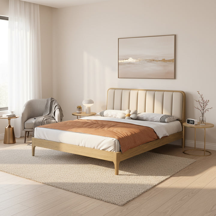 Cadre de lit encastré au style romantique français - Lit en cuir véritable capitonné et bois de frêne pour la chambre 