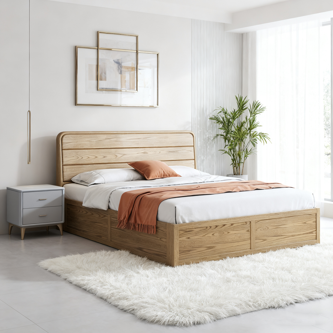 Platzsparendes rustikales Bettgestell - Bett mit Hebedeckel aus natürlichem Eschenholz für das Schlafzimmer 