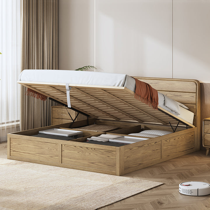 Platzsparendes rustikales Bettgestell - Bett mit Hebedeckel aus natürlichem Eschenholz für das Schlafzimmer 