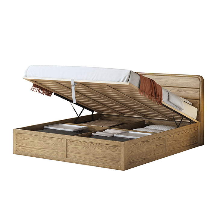 Platzsparendes rustikales Bettgestell - Bett mit Hebedeckel aus natürlichem Eschenholz für das Schlafzimmer 