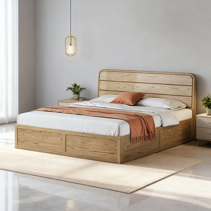 Platzsparendes rustikales Bettgestell - Bett mit Hebedeckel aus natürlichem Eschenholz für das Schlafzimmer 
