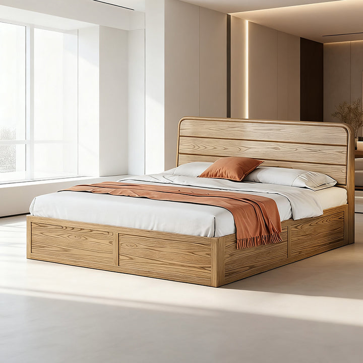 Platzsparendes rustikales Bettgestell - Bett mit Hebedeckel aus natürlichem Eschenholz für das Schlafzimmer 