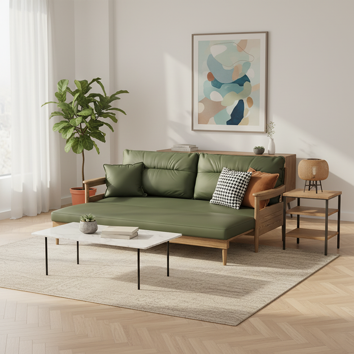 Traditional Ash Wood Sofa With Armrest Backrest - Eco Leather Upholstery Accent Chair For Living Room