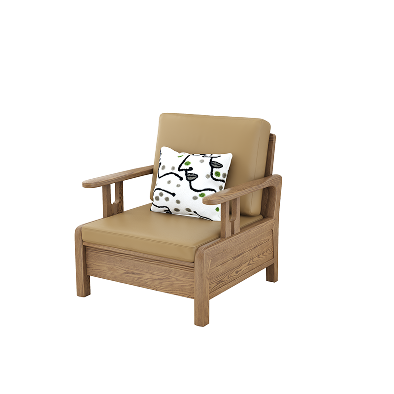 Traditional Eco Leather Cushions Sofa - Ash Wood Accent Chair With Backrest For Living Room