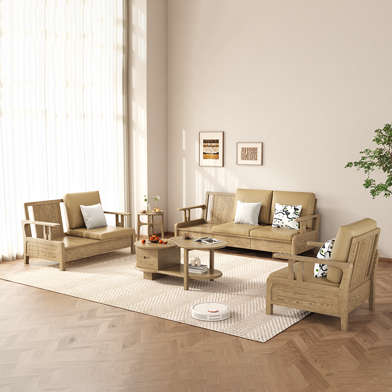Traditional Eco Leather Cushions Sofa - Ash Wood Accent Chair With Backrest For Living Room