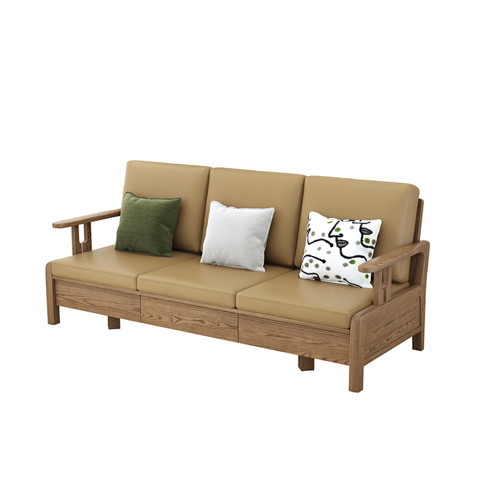 Traditional Eco Leather Cushions Sofa - Ash Wood Accent Chair With Backrest For Living Room