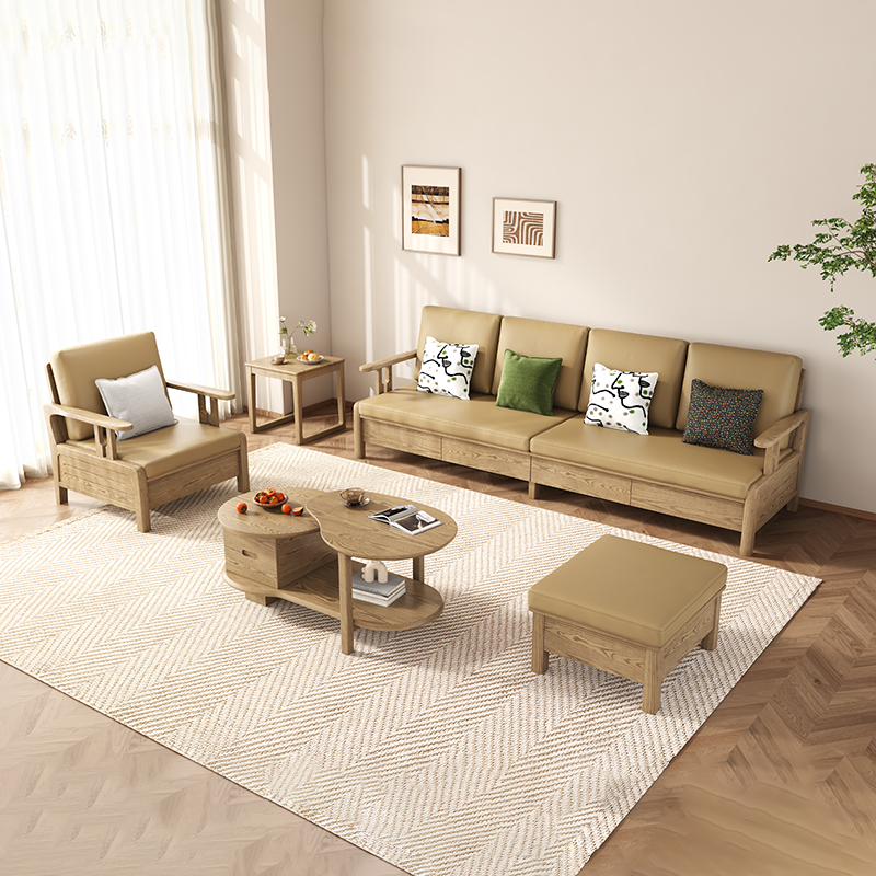 Traditional Eco Leather Cushions Sofa - Ash Wood Accent Chair With Backrest For Living Room