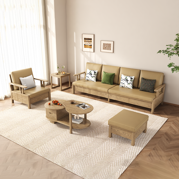 Traditional Eco Leather Cushions Sofa - Ash Wood Accent Chair With Backrest For Living Room