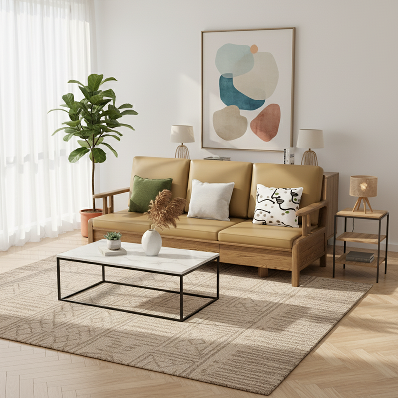Traditional Eco Leather Cushions Sofa - Ash Wood Accent Chair With Backrest For Living Room