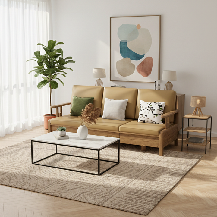 Traditional Eco Leather Cushions Sofa - Ash Wood Accent Chair With Backrest For Living Room