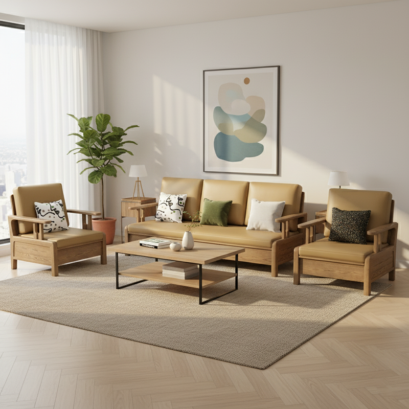 Traditional Eco Leather Cushions Sofa - Ash Wood Accent Chair With Backrest For Living Room
