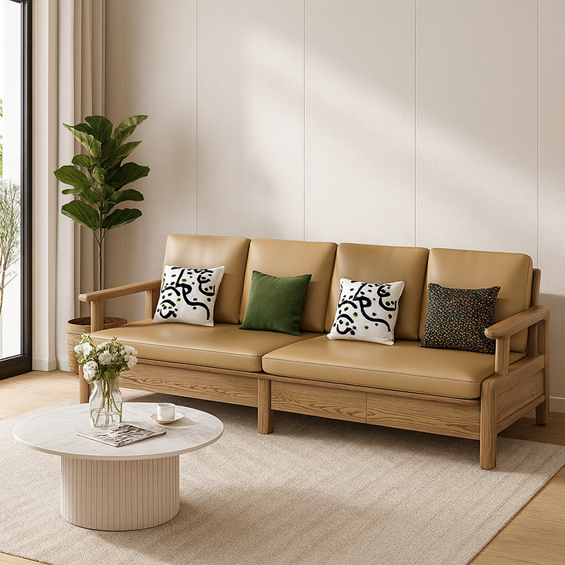 Traditional Eco Leather Cushions Sofa - Ash Wood Accent Chair With Backrest For Living Room